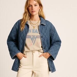 Vintage Boho Chic 90s Minimalist Quilted Denim Work Coat 3XL